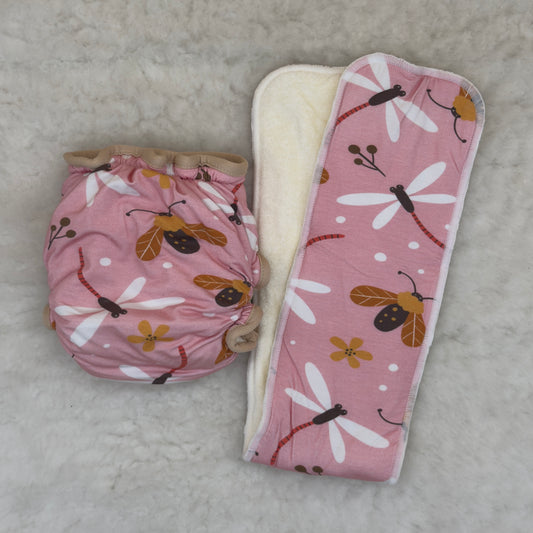 Unbranded Pink Dragonfly Floral Fitted Diaper with Shortie and Snake Inserts - New