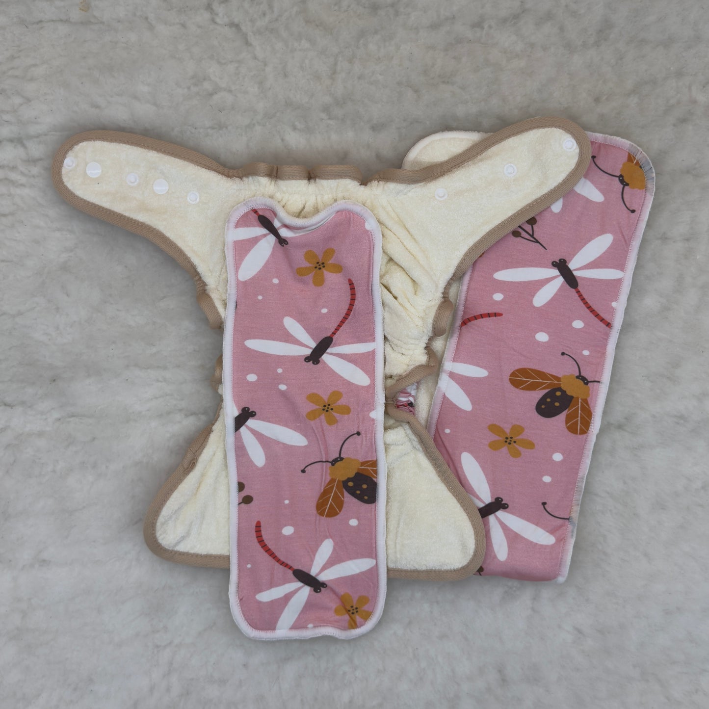 Unbranded Pink Dragonfly Floral Fitted Diaper with Shortie and Snake Inserts - New