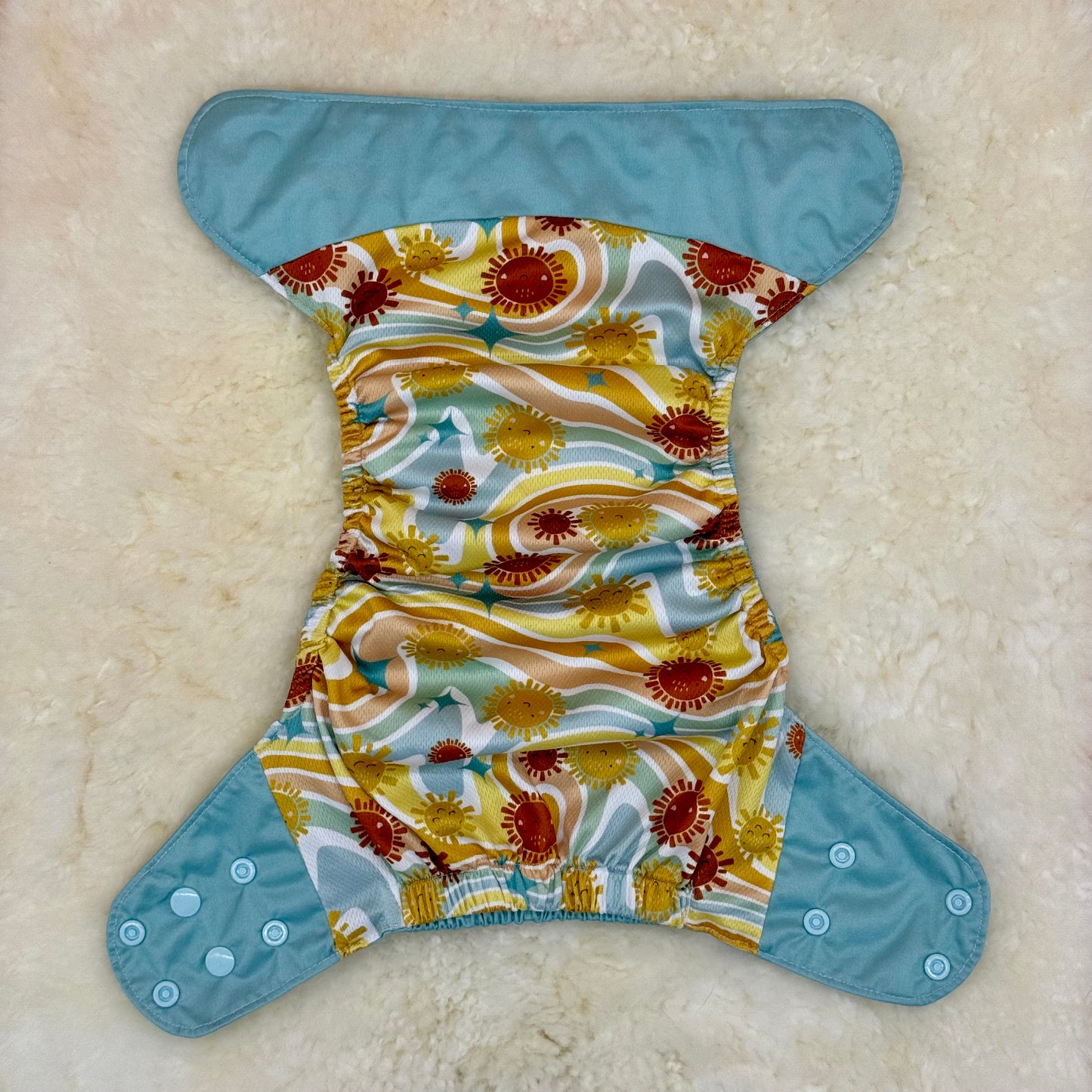 Beach Buns Solid Teal with Printed Sunshine Striped AWJ Pocket Diaper