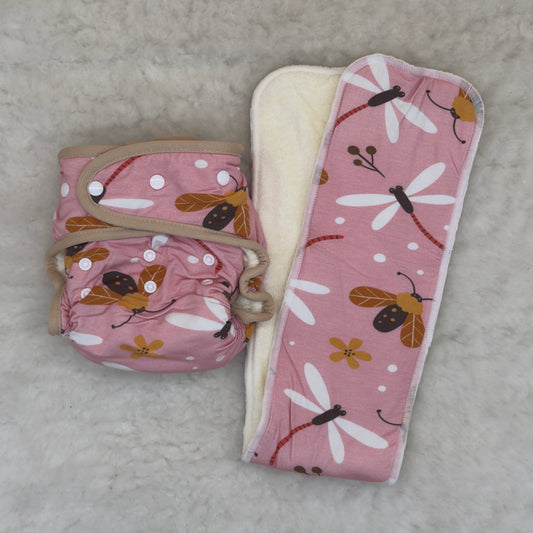 Unbranded Pink Dragonfly Floral Fitted Diaper with Shortie and Snake Inserts - New