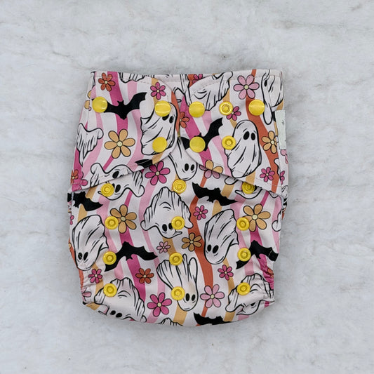 My Dear Cloth Retro Pink Ghosts and Daisies AWJ Pocket Diaper