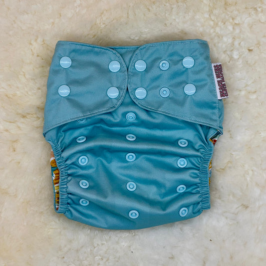 Beach Buns Solid Teal with Printed Sunshine Striped AWJ Pocket Diaper