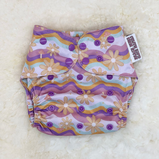 Beach Buns Cloth Diapers Flowers Wavy Stripes AWJ Pocket Diaper with Matching Printed AWJ