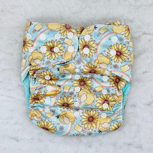 Sustainable Sprinkles Sunflowers and Rainbows Duck AWJ Pocket Diaper