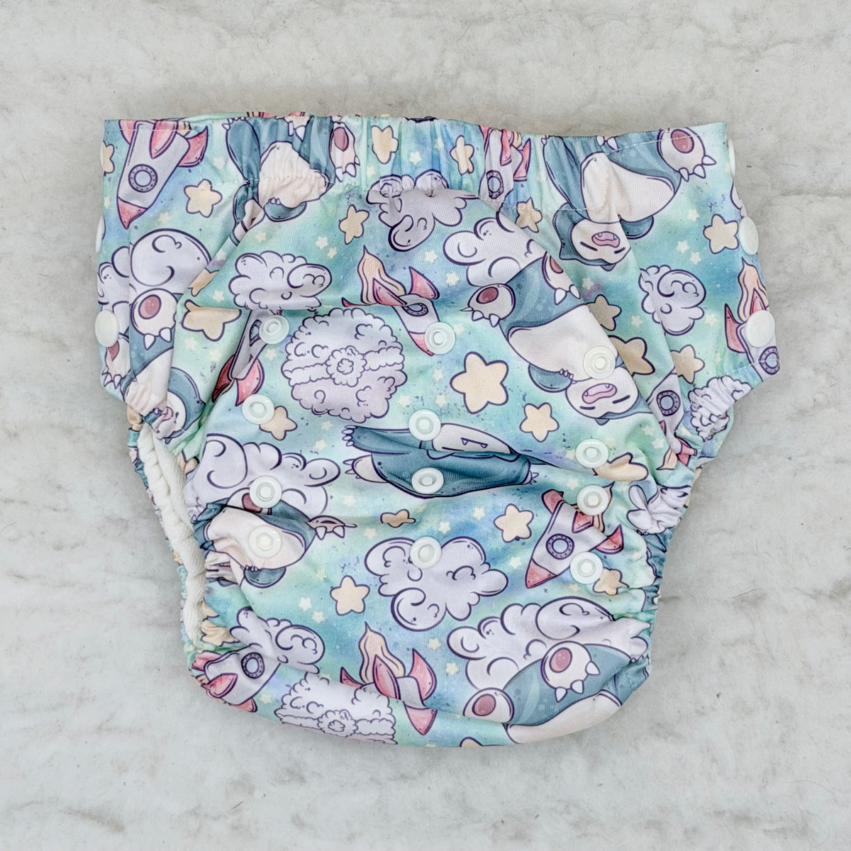 Sustainable Sprinkles Mint Sleepy Giants Rockets and Clouds Side-Snap Cloth Trainer