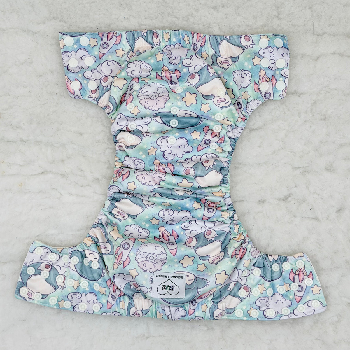 Sustainable Sprinkles Mint Sleepy Giants Rockets and Clouds Side-Snap Cloth Trainer