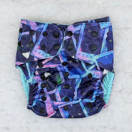 Sustainable Sprinkles Purple Black Cat Polaroids AWJ Pocket Diaper