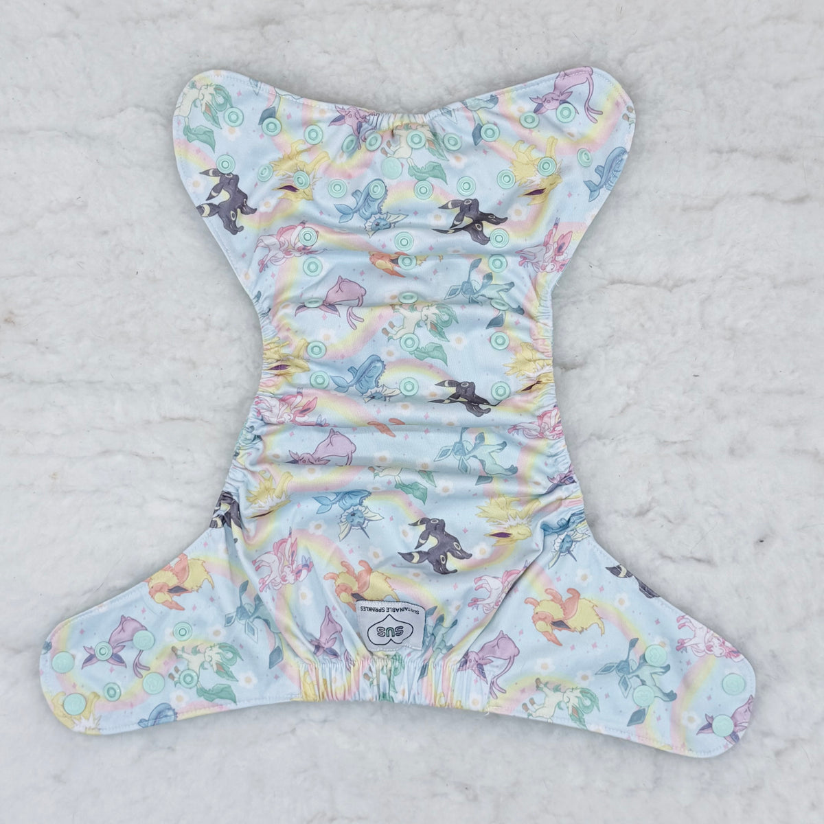 Sustainable Sprinkles Pastel Rainbow Critters AWJ Pocket Diaper - Stained