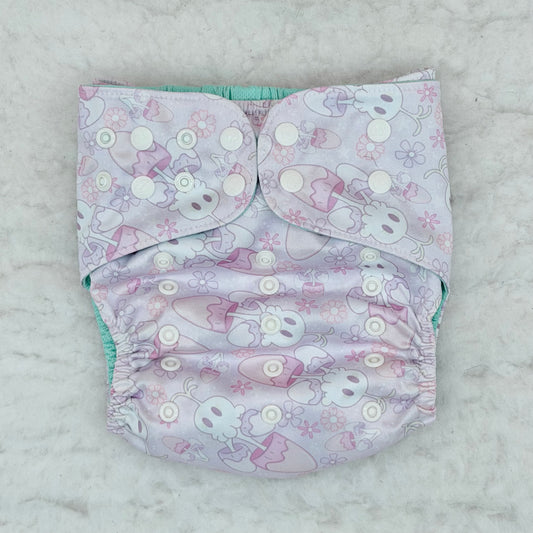 Sustainable Sprinkles Pink Mushroom Skulls Floral AWJ Pocket Diaper - Stained