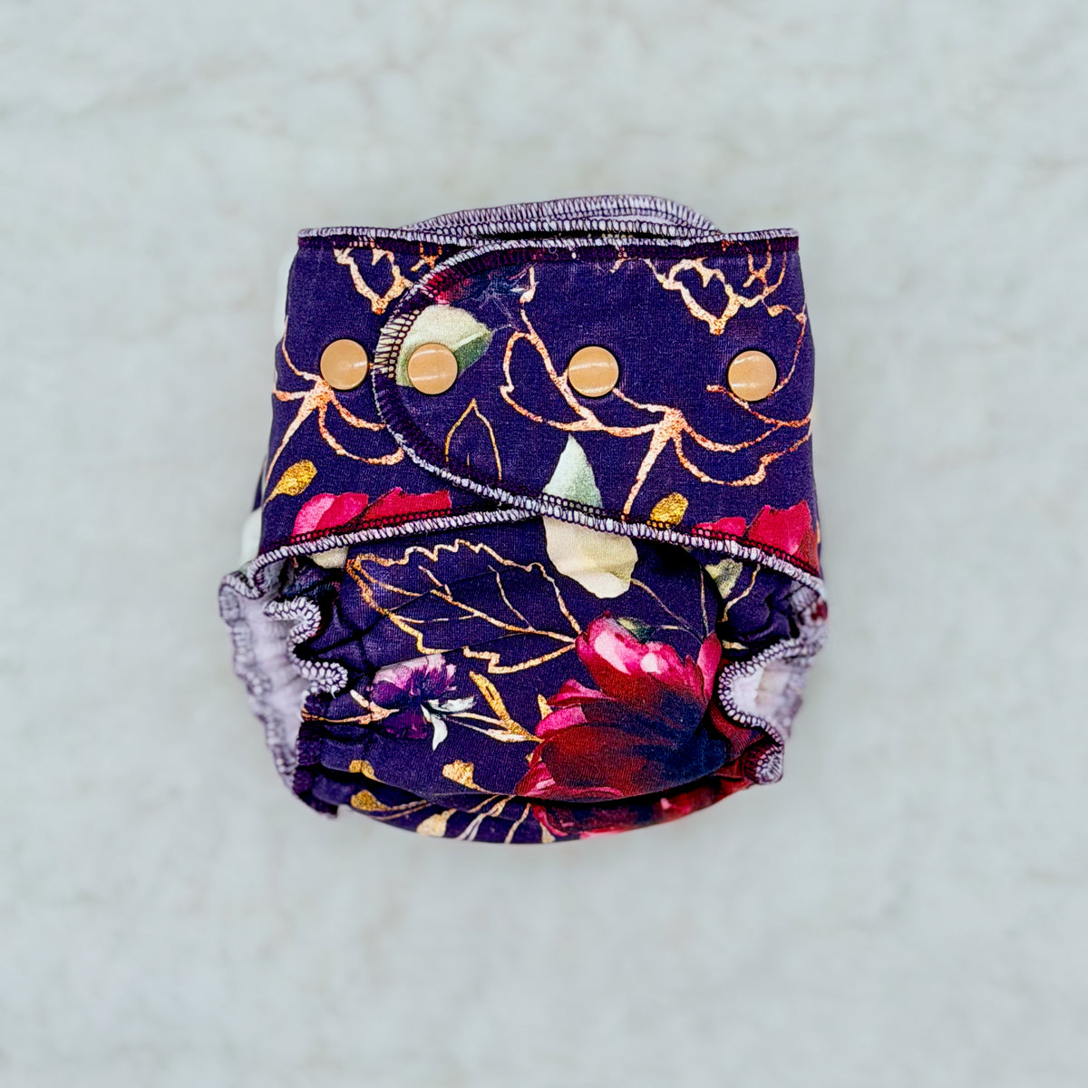 Purple Gold Foil Floral Fitted Cloth Diaper - Stained