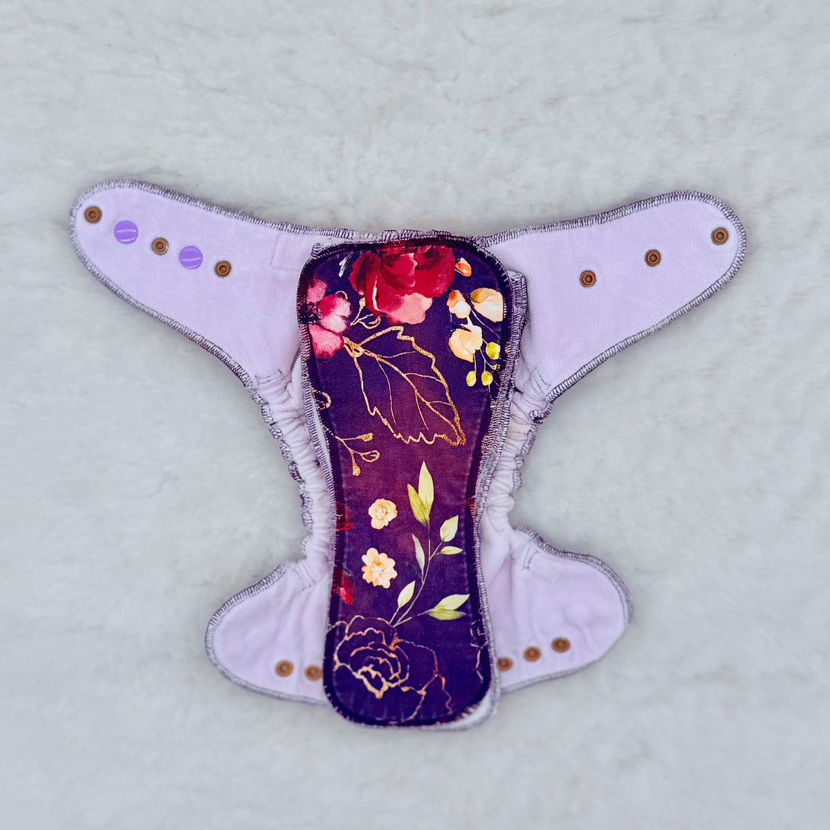 Purple Gold Foil Floral Fitted Cloth Diaper - Stained