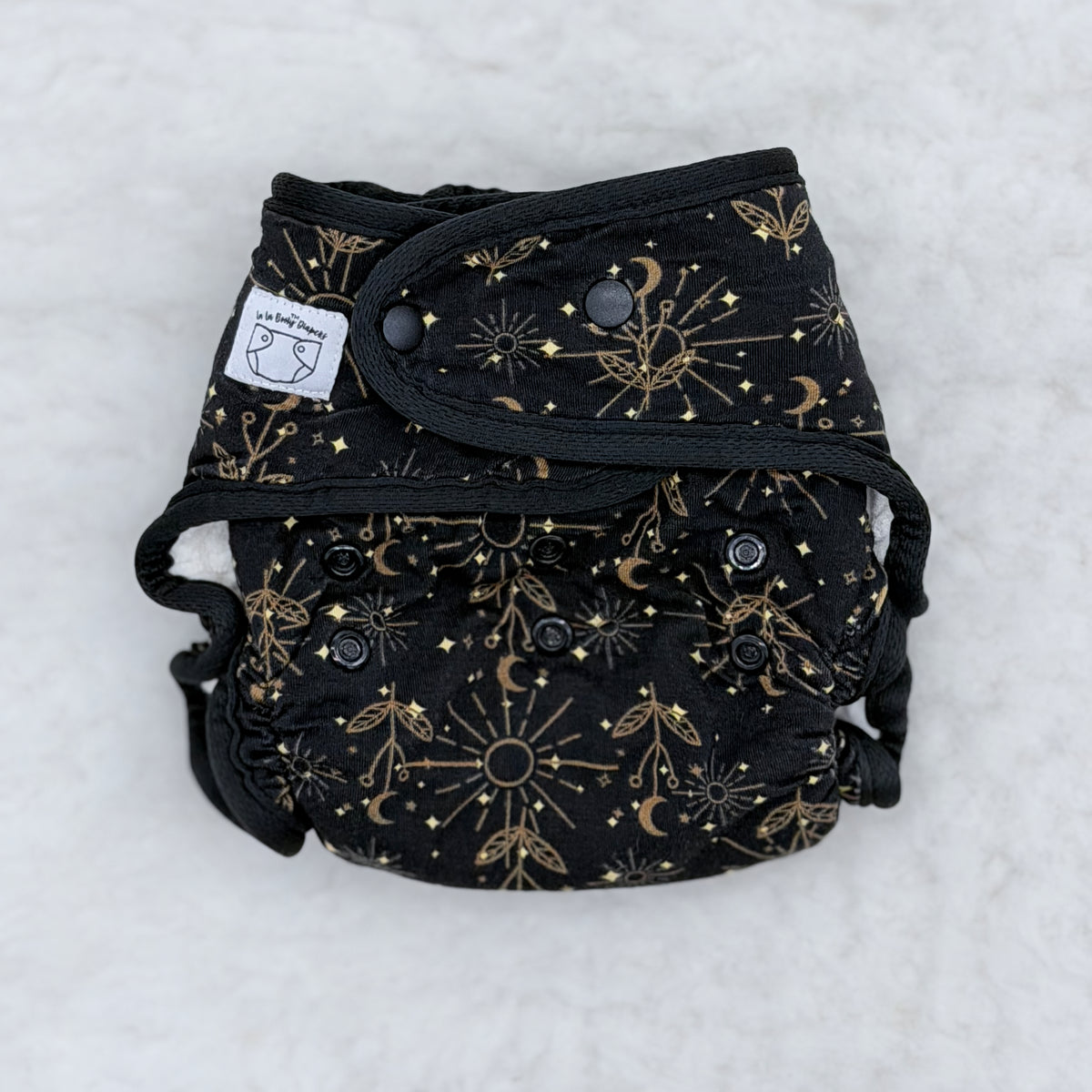 La La Booty Celestial Black and Gold Fitted Cloth Diaper with Shortie Insert